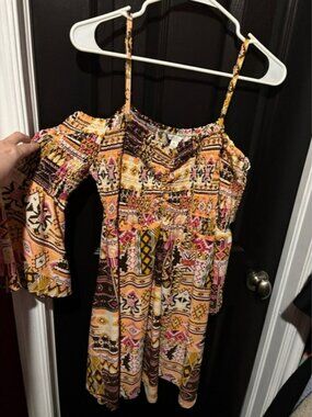 Cato Yellow Pink Brown Printed Off-Shoulder Midi Dress